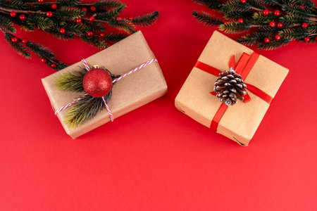 Christmas gift on red background. Christmas concept.の写真素材