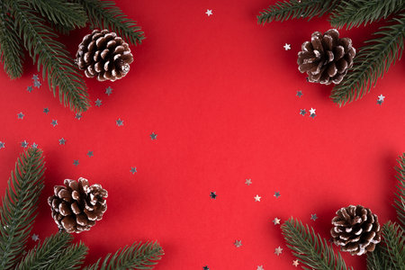 Christmas decorations and empty space for copy space on red backgroundの写真素材