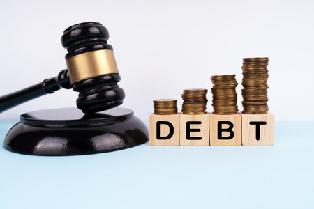 Gavel, coins stacks and wood block with DEBT. Finance and law conceptの写真素材