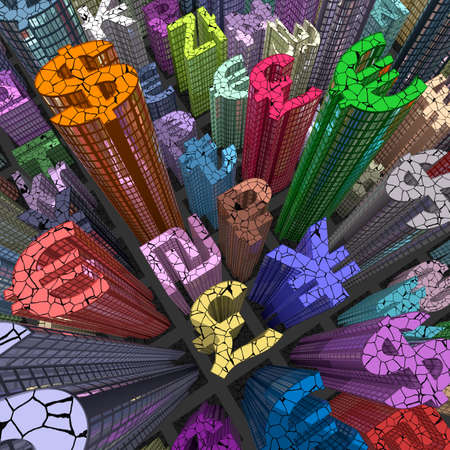stock market crash: currency skyscraper colored from above