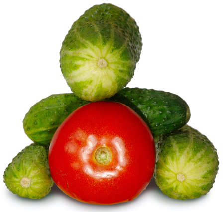 Isolated image of tomato and cucu,mber on a white backgroundの写真素材