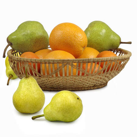 Isolated image of pears and tangerines on a white backgroundの写真素材