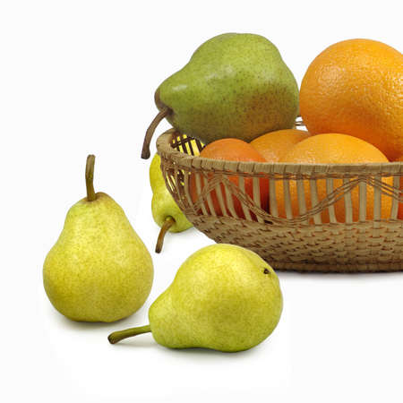 Isolated image of pears and tangerines on a white backgroundの写真素材