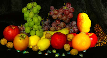 Image of fruit and berries on a black backgroundの写真素材