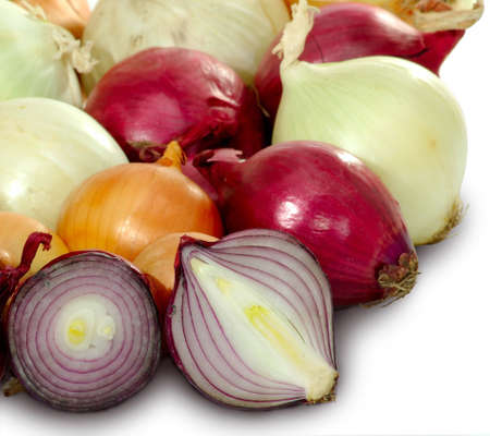Isolated image of many onions on a white background closeupの写真素材