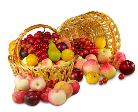 Isolated image of two baskets filled with fruit on a white backgroundの写真素材