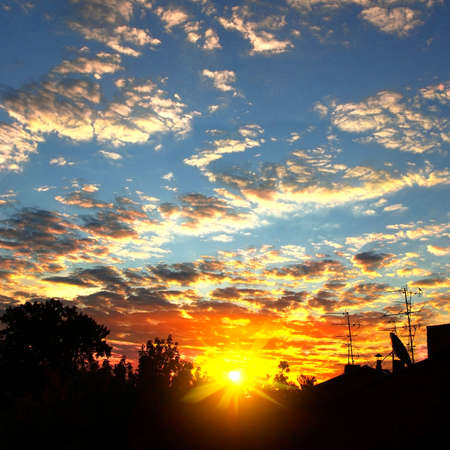 silhouette image of the house and trees at sunsetの写真素材