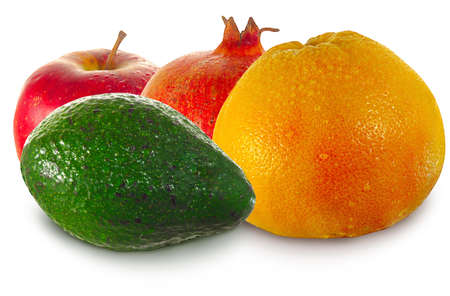 isolated image of an apple, avocado, pomegranate and orange on a white backgroundの写真素材