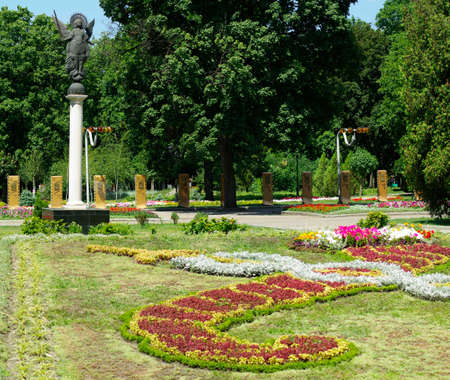 images of trees, flowers, monument and handprints of celebrities in Kharkov city park in Ukraineの写真素材