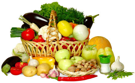 images of different fruits and vegetables in the basketの写真素材