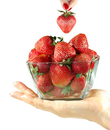 Isolated image of strawberries in a bowl on handsの写真素材