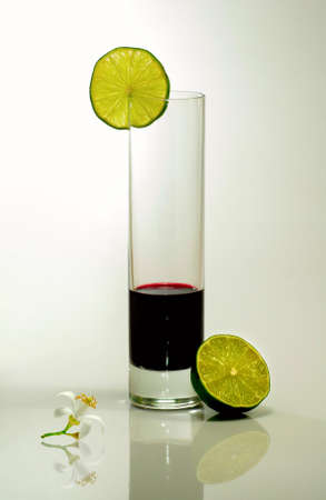 image of the glass of wine and slice of lemonの写真素材