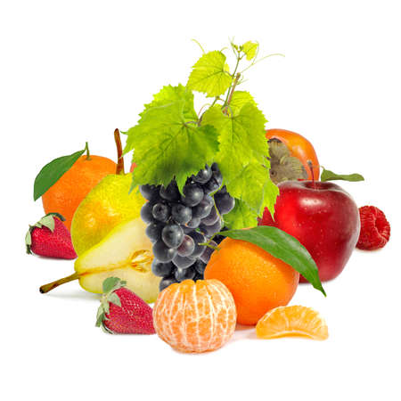 Isolated image of ripe fruits and citrus on white backgroundの写真素材