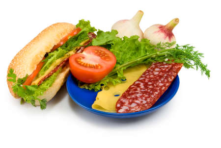 Isolated image of a sandwich, sausage, cheese, herbs, tomatoes and garlic on a white backgroundの写真素材
