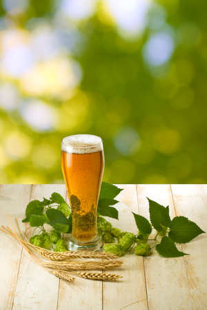 image of mugs with beer and hop on wooden tableの写真素材