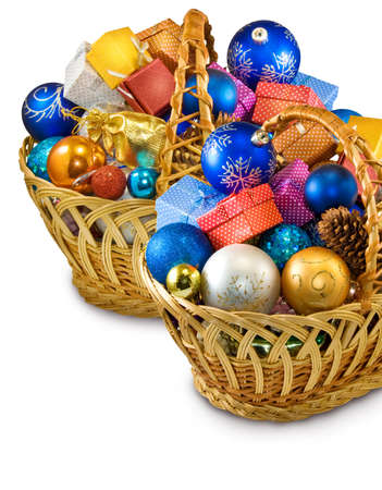 Isolated image of many Christmas decorations in basketの写真素材