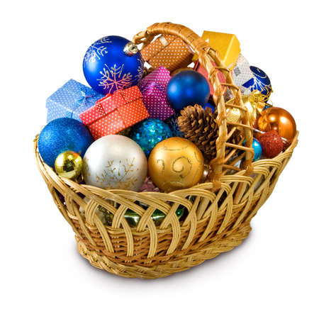Isolated image of various Christmas decorations in basketの写真素材