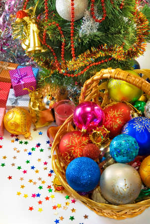 Image different Christmas decorations in basketの写真素材
