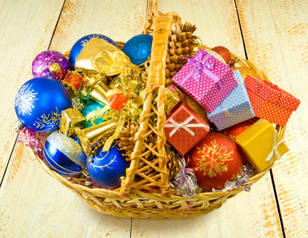 Isolated image of baskets with Christmas decorations on a tableの写真素材