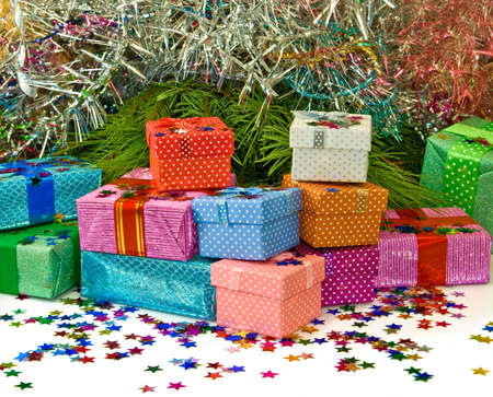 many colorful gift boxes closeupの写真素材