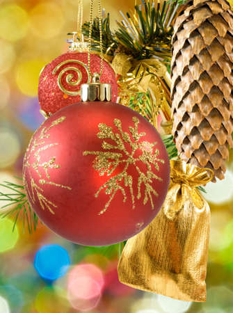 Christmas toys on a multicolored backgroundの写真素材