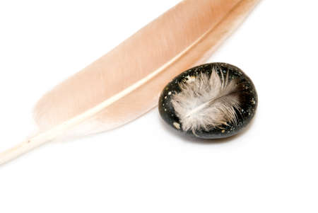 Isolated image of a stone and feather closeupの写真素材