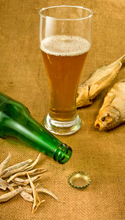 image of the bottle, a mug of beer and dry fish closeupの写真素材