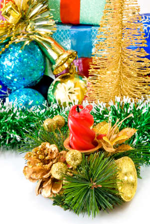 Isolated image of different Christmas dekorations and boxes with giftsの写真素材