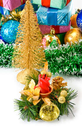 Isolated image of different Christmas dekorations and boxes with giftsの写真素材