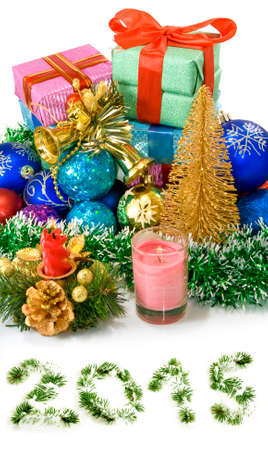 Isolated image of different Christmas dekorations and boxes with giftsの写真素材