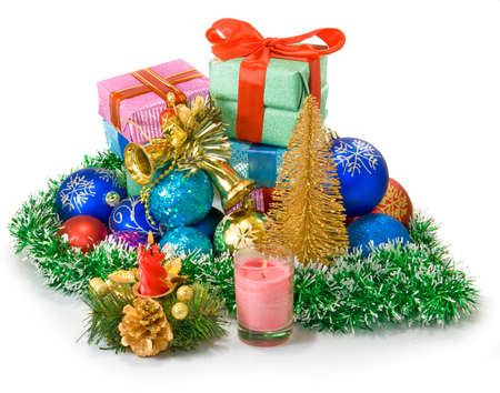 Isolated image of different Christmas dekorations and boxes with giftsの写真素材