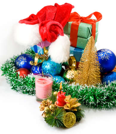 image of different Christmas decoration and boxes with giftsの写真素材