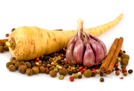 Isolated image of garlic, parsley and spices on a white backgroundの写真素材