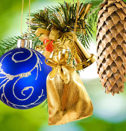 image of beautiful Christmas decorations on a green backgroundの写真素材