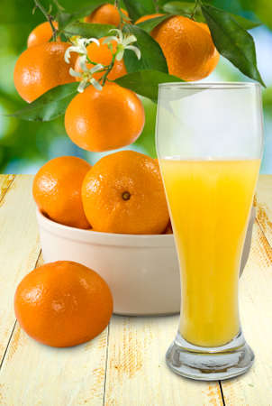 image of juice and tangerines on a green backgroundの写真素材