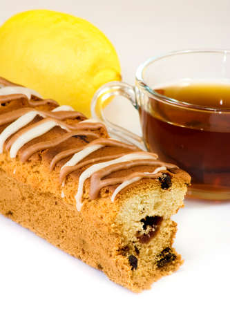 Isolated image of tea, rolls and lemon closeupの写真素材