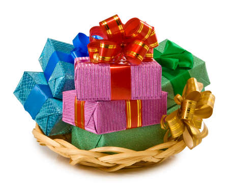 many  gift boxes on white background closeupの写真素材