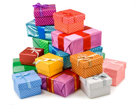 many of gift boxes on white backgroundの写真素材