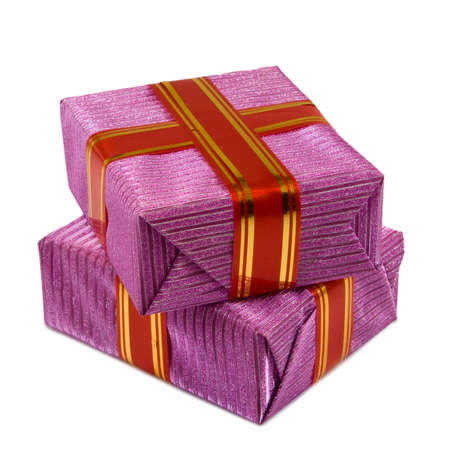 two gift boxes on a white background closeupの写真素材