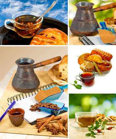 set with different cups of coffee and tea closeupの写真素材