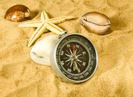 image of sea shells and compass in the sandの写真素材