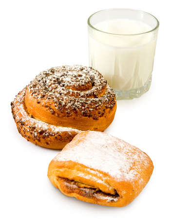 Isolated image of buns and milk on a white background closeupの写真素材