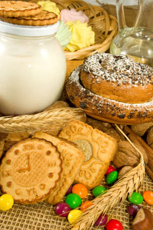 image of different cookies with yogurt and bankの写真素材