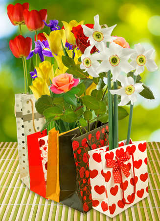 image of different flowers in gift packing closeupの写真素材