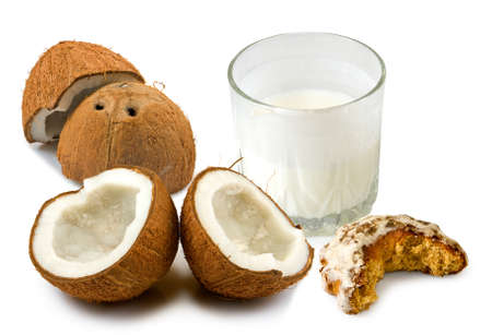 Isolated image of a coconut and milk on a white backgroundの写真素材
