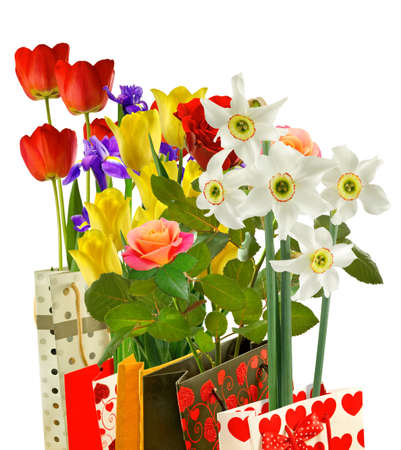isolated image of different flowers in gift packing closeupの写真素材
