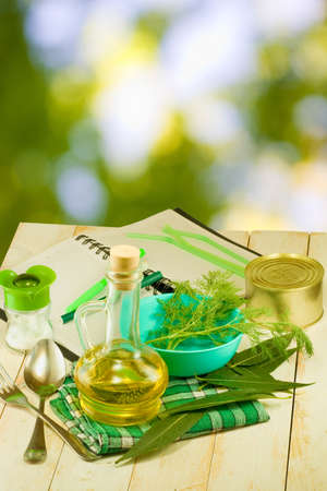 image of ingredients for cooking on a green backgroundの写真素材