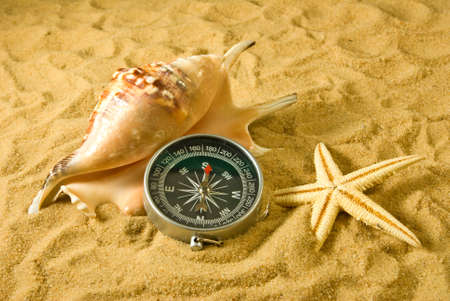sea shells and compass in the sand closeupの写真素材