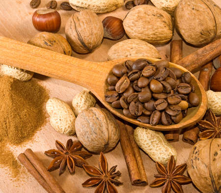 spices, nuts and coffee beans closeupの写真素材