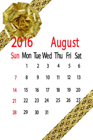 calendar for the month of august on yellow bow backgroundの写真素材